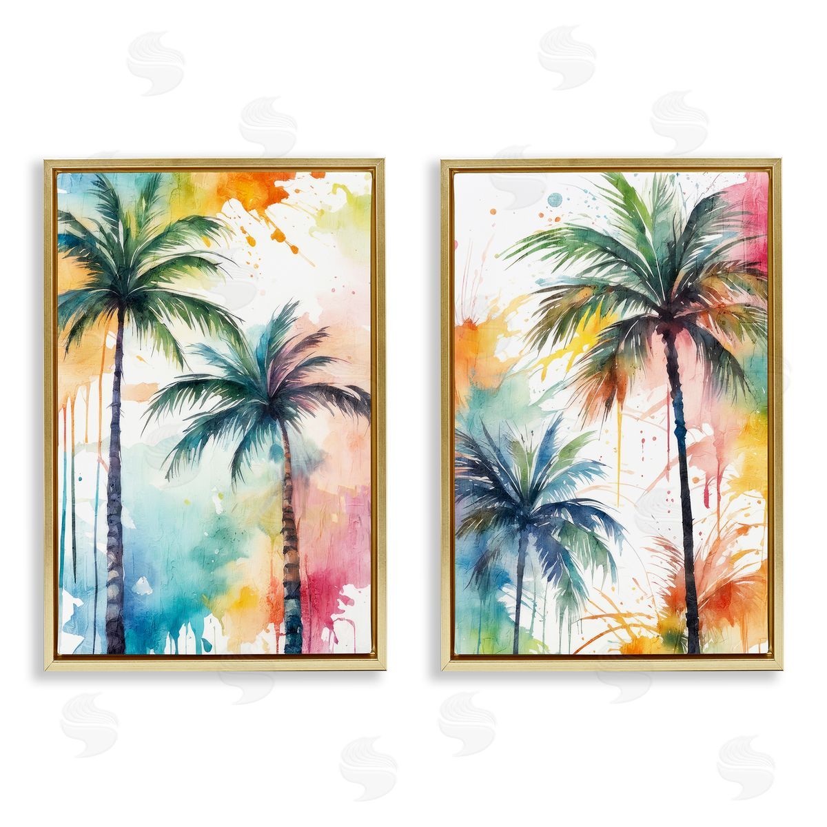 Kim Allen Watercolor Splash Towering Palms  Gold Floating Frame Canvas Wall Art Print