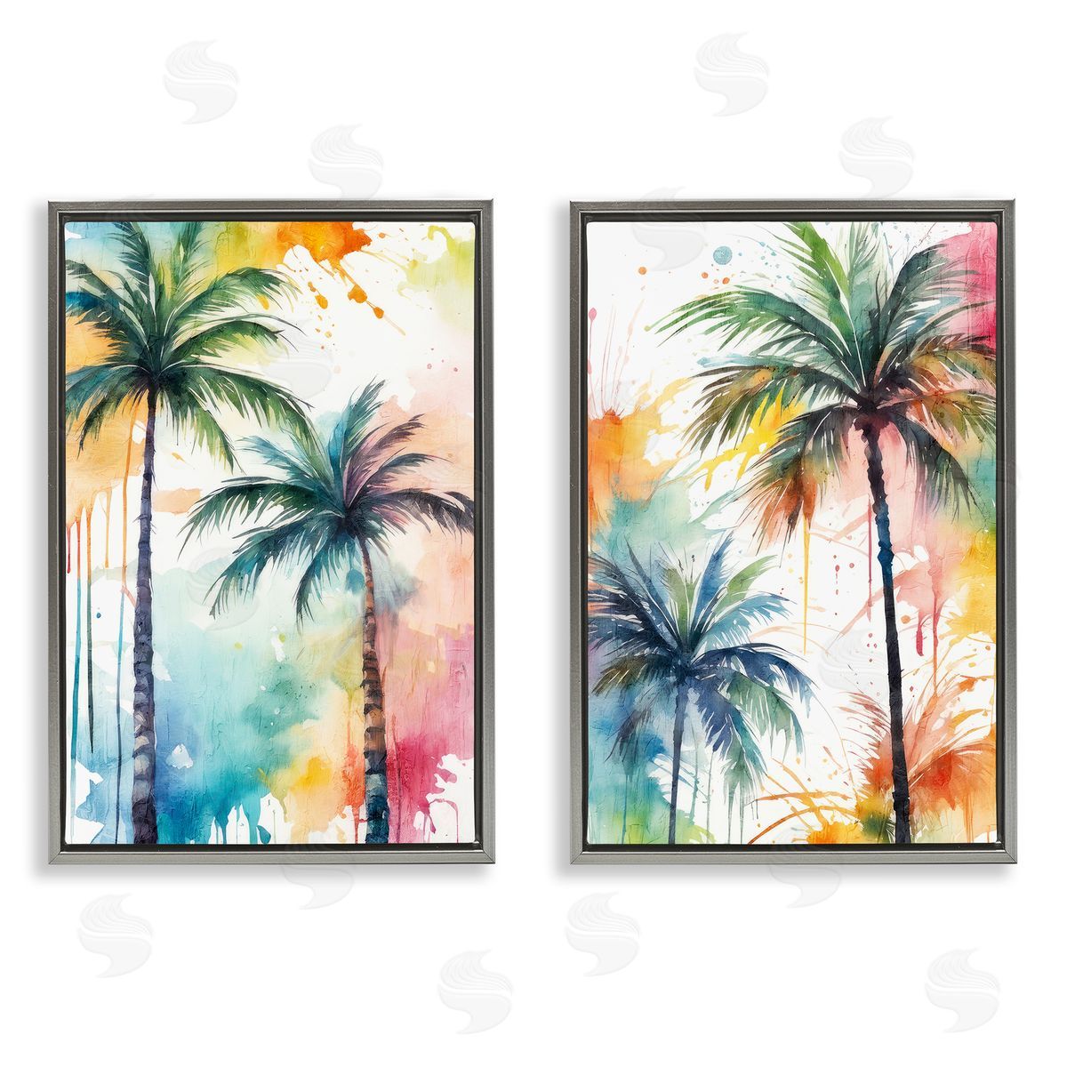 Kim Allen Watercolor Splash Towering Palms  Gray Floating Frame Canvas Wall Art Print