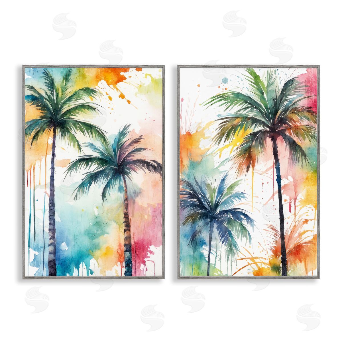 Kim Allen Watercolor Splash Towering Palms  Gray Framed Giclee Wall Art Print
