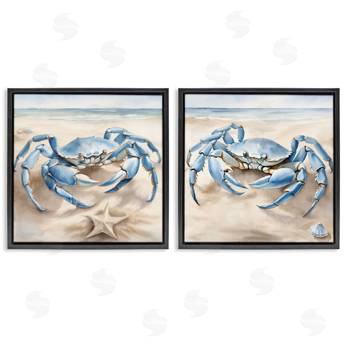 Kim Allen Nautical Blue Crabs Beach  Black Floating Frame Canvas Wall Art Print