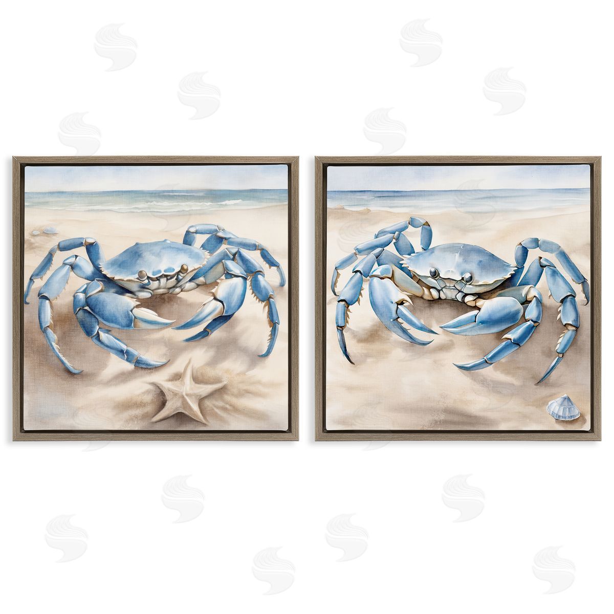 Kim Allen Nautical Blue Crabs Beach  Brown Floating Frame Canvas Wall Art Print