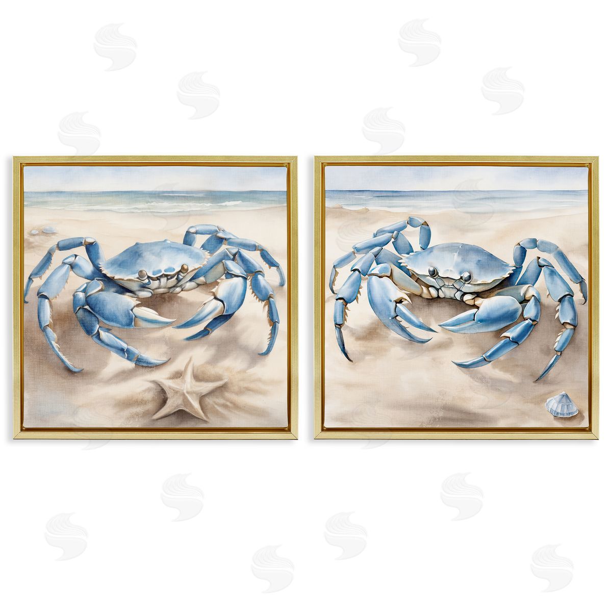 Kim Allen Nautical Blue Crabs Beach  Gold Floating Frame Canvas Wall Art Print