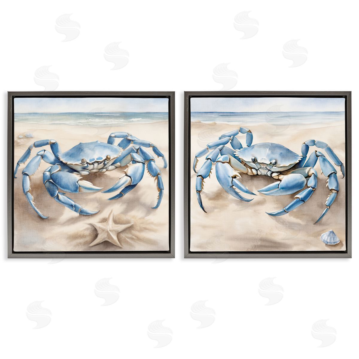 Kim Allen Nautical Blue Crabs Beach  Gray Floating Frame Canvas Wall Art Print