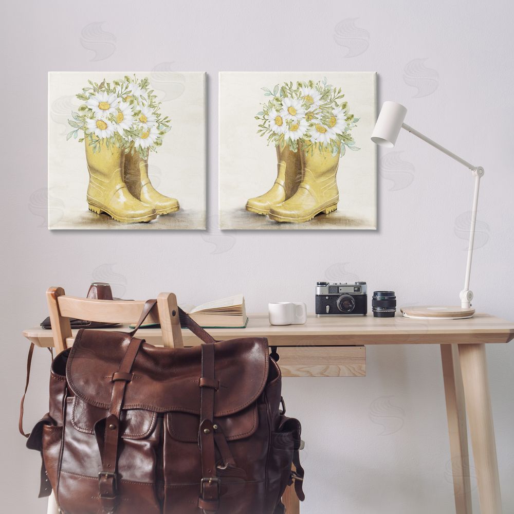 Kim Allen Yellow Garden Boots Daisies  Canvas Wall Art Print in Room