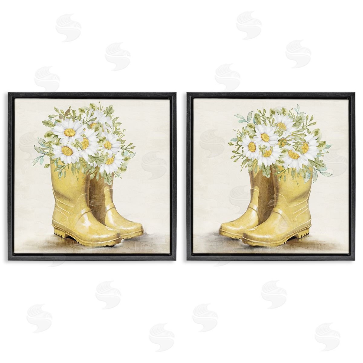 Kim Allen Yellow Garden Boots Daisies  Black Floating Frame Canvas Wall Art Print