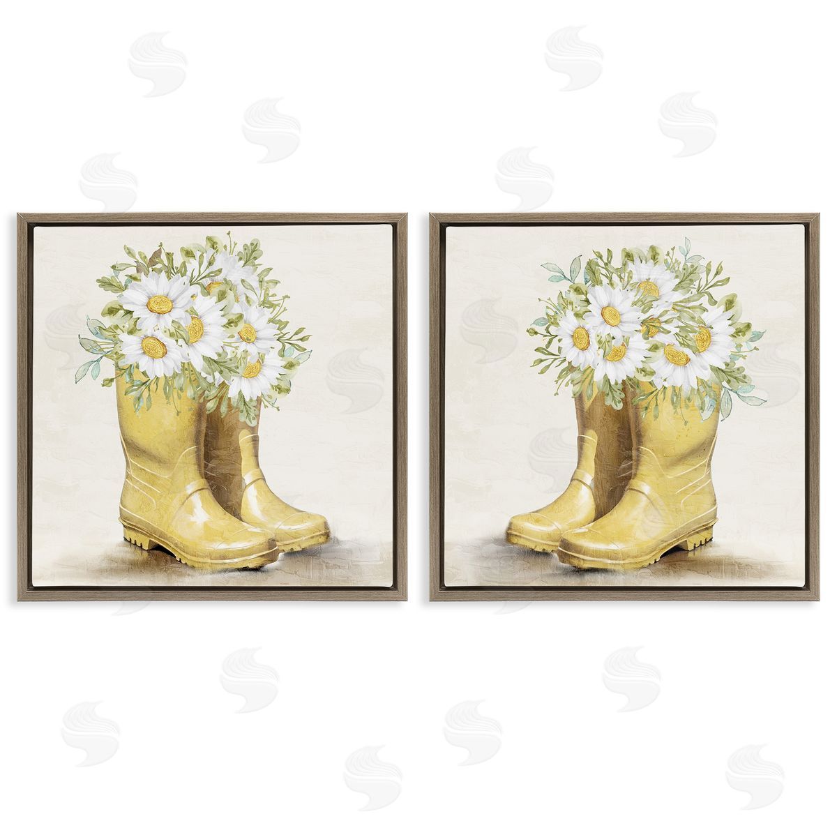 Kim Allen Yellow Garden Boots Daisies  Brown Floating Frame Canvas Wall Art Print