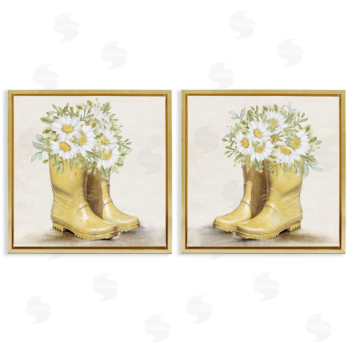 Kim Allen Yellow Garden Boots Daisies  Gold Floating Frame Canvas Wall Art Print