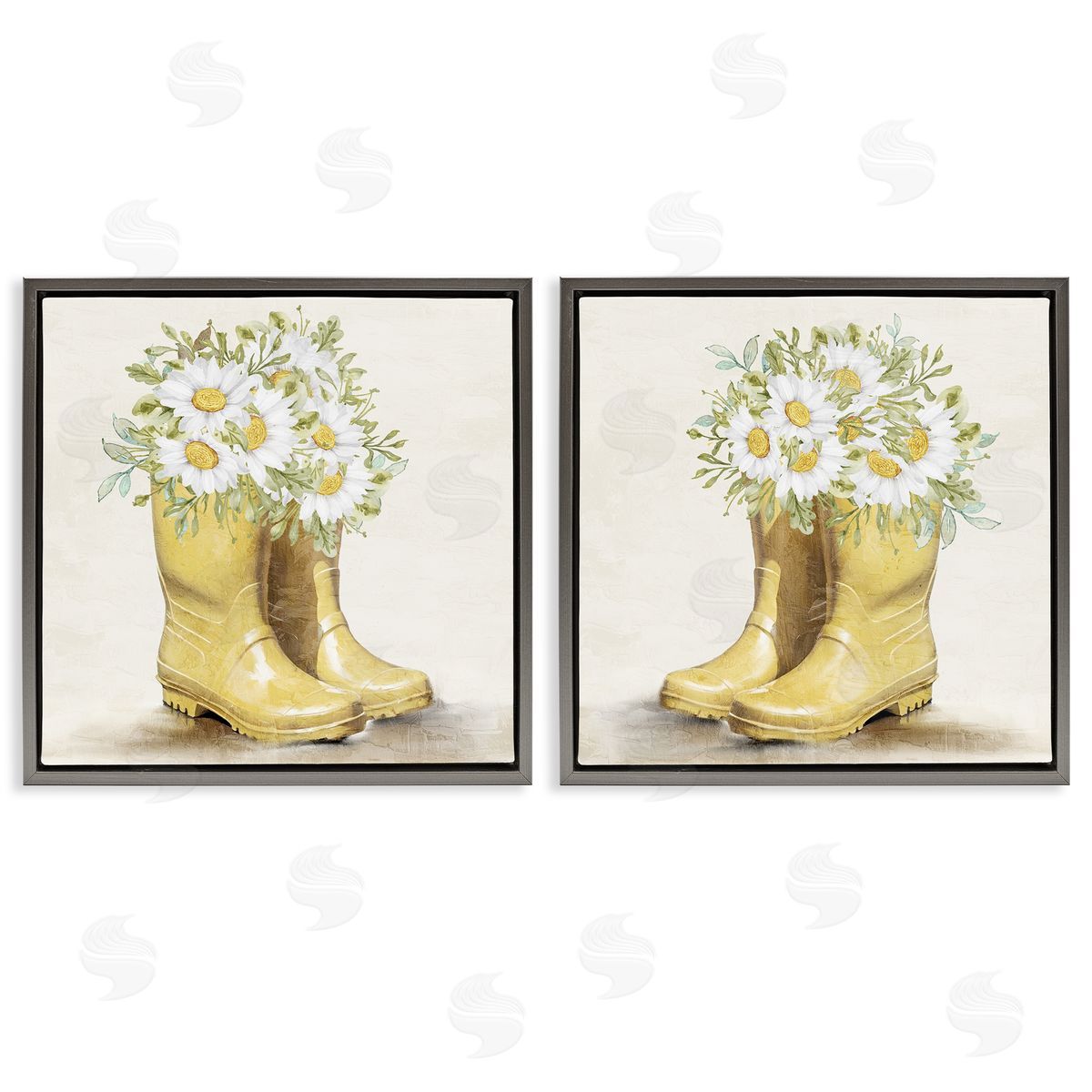 Kim Allen Yellow Garden Boots Daisies  Gray Floating Frame Canvas Wall Art Print