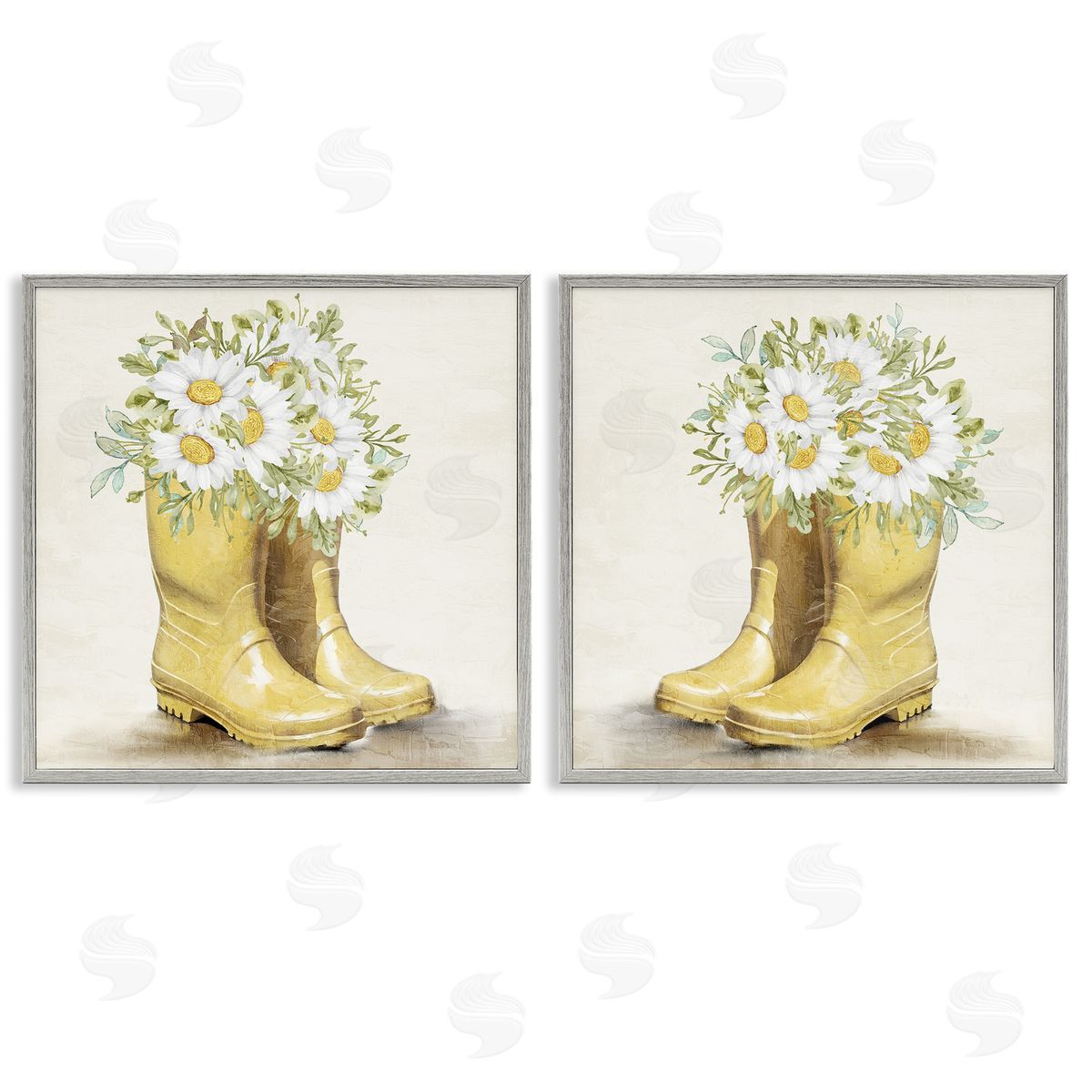 Kim Allen Yellow Garden Boots Daisies  Gray Framed Giclee Wall Art Print