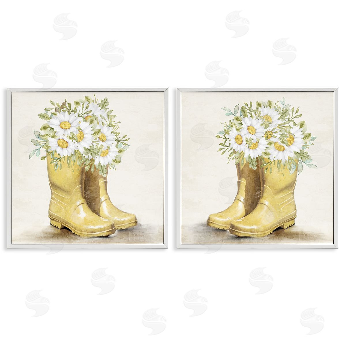 Kim Allen Yellow Garden Boots Daisies  White Framed Giclee Wall Art Print