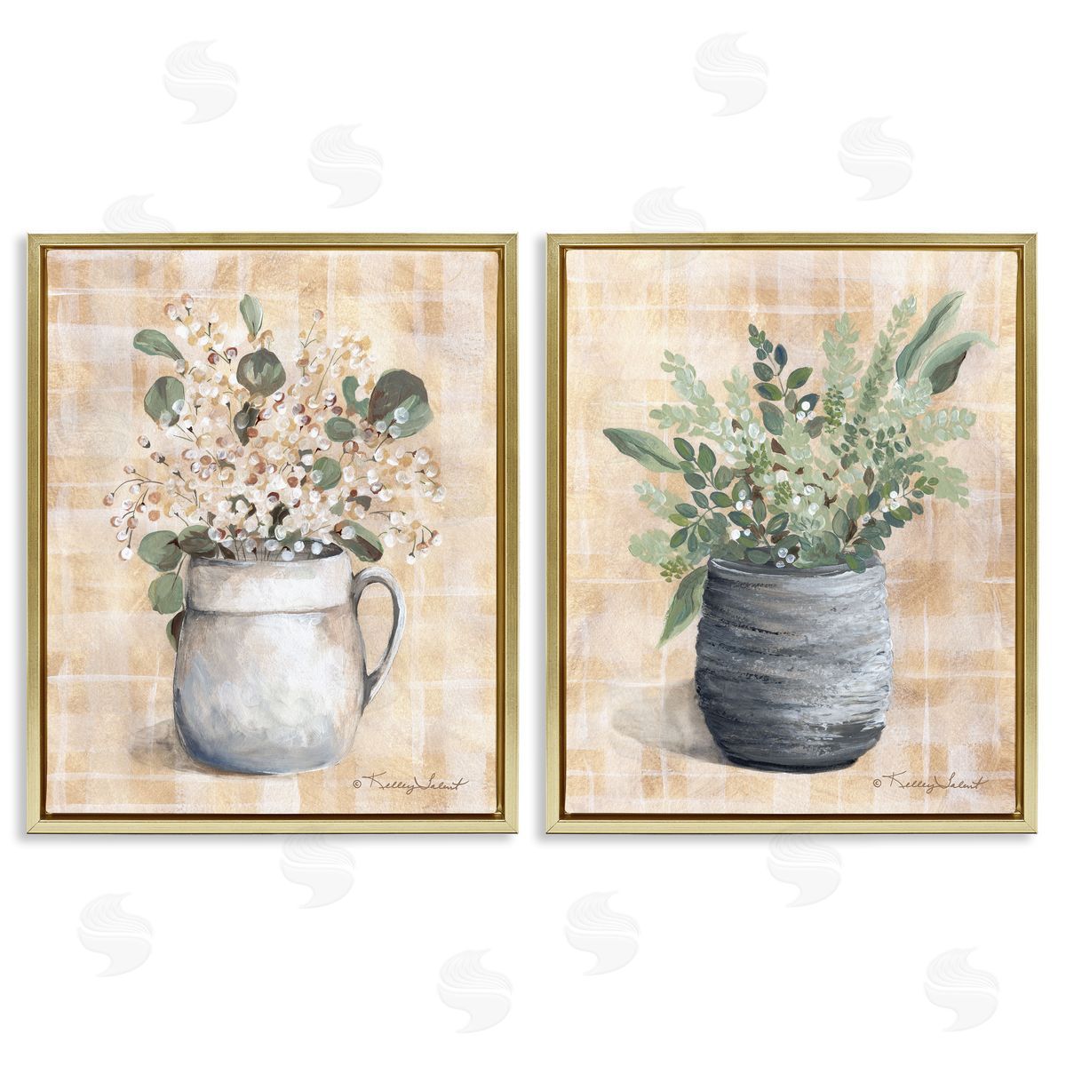 Kelley Talent Traditional Flowers Pitcher Pot Gold Floating Frame Canvas Wall Art Print