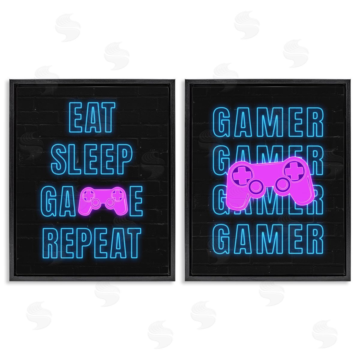 Nina Blue Neon Gamer Eat Sleep  Black Floating Frame Canvas Wall Art Print