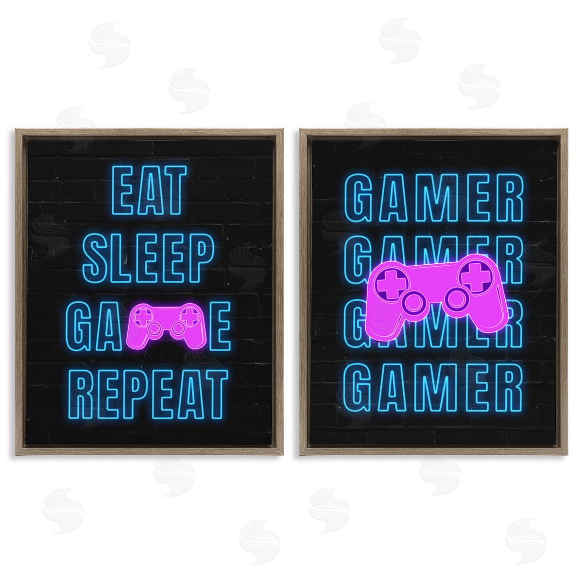 Nina Blue Neon Gamer Eat Sleep  Brown Floating Frame Canvas Wall Art Print