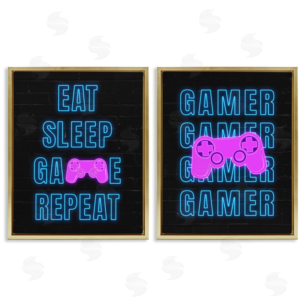 Nina Blue Neon Gamer Eat Sleep  Gold Floating Frame Canvas Wall Art Print
