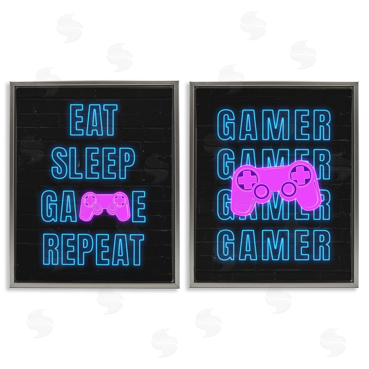 Nina Blue Neon Gamer Eat Sleep  Gray Floating Frame Canvas Wall Art Print