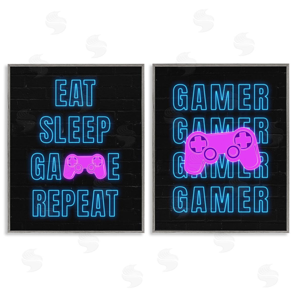 Nina Blue Neon Gamer Eat Sleep  Gray Framed Giclee Wall Art Print