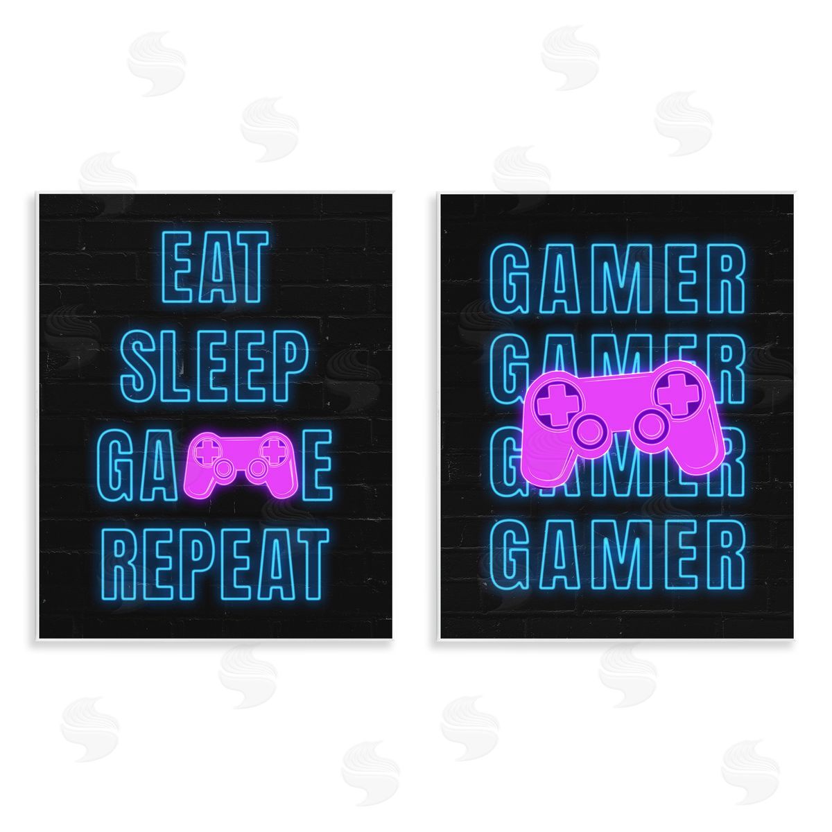 Nina Blue Neon Gamer Eat Sleep  Wooden Wall Plaque Art Print