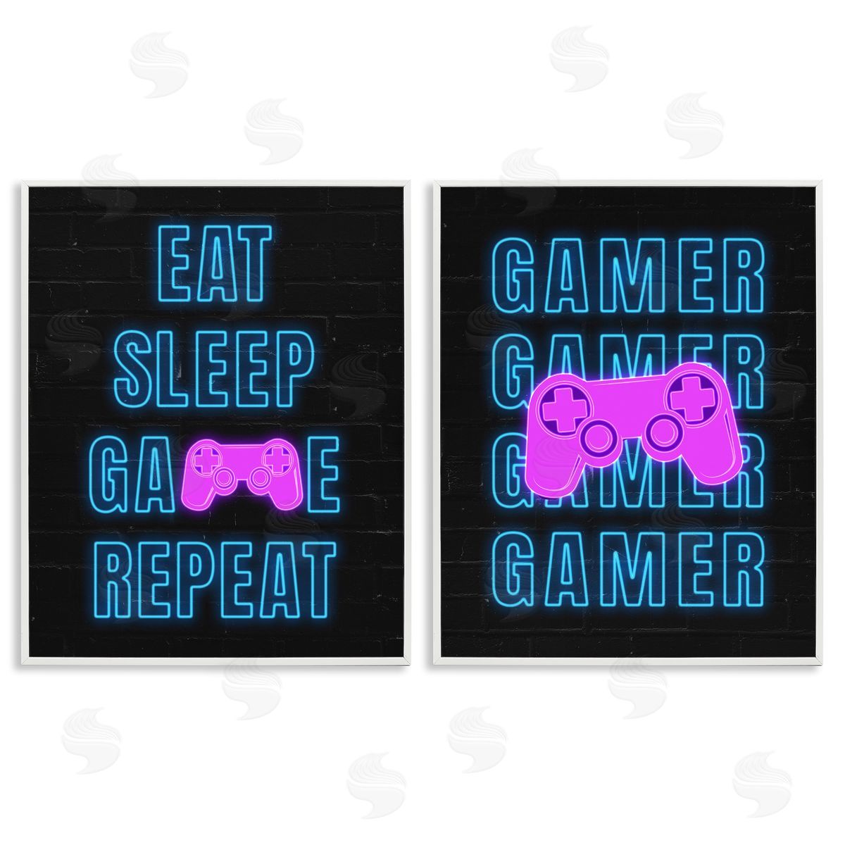 Nina Blue Neon Gamer Eat Sleep  White Framed Giclee Wall Art Print