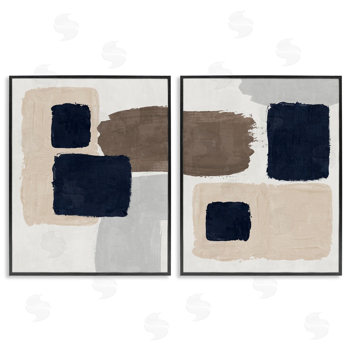 Nina Blue Navy Brown Blocked Black Framed Giclee Wall Art Print