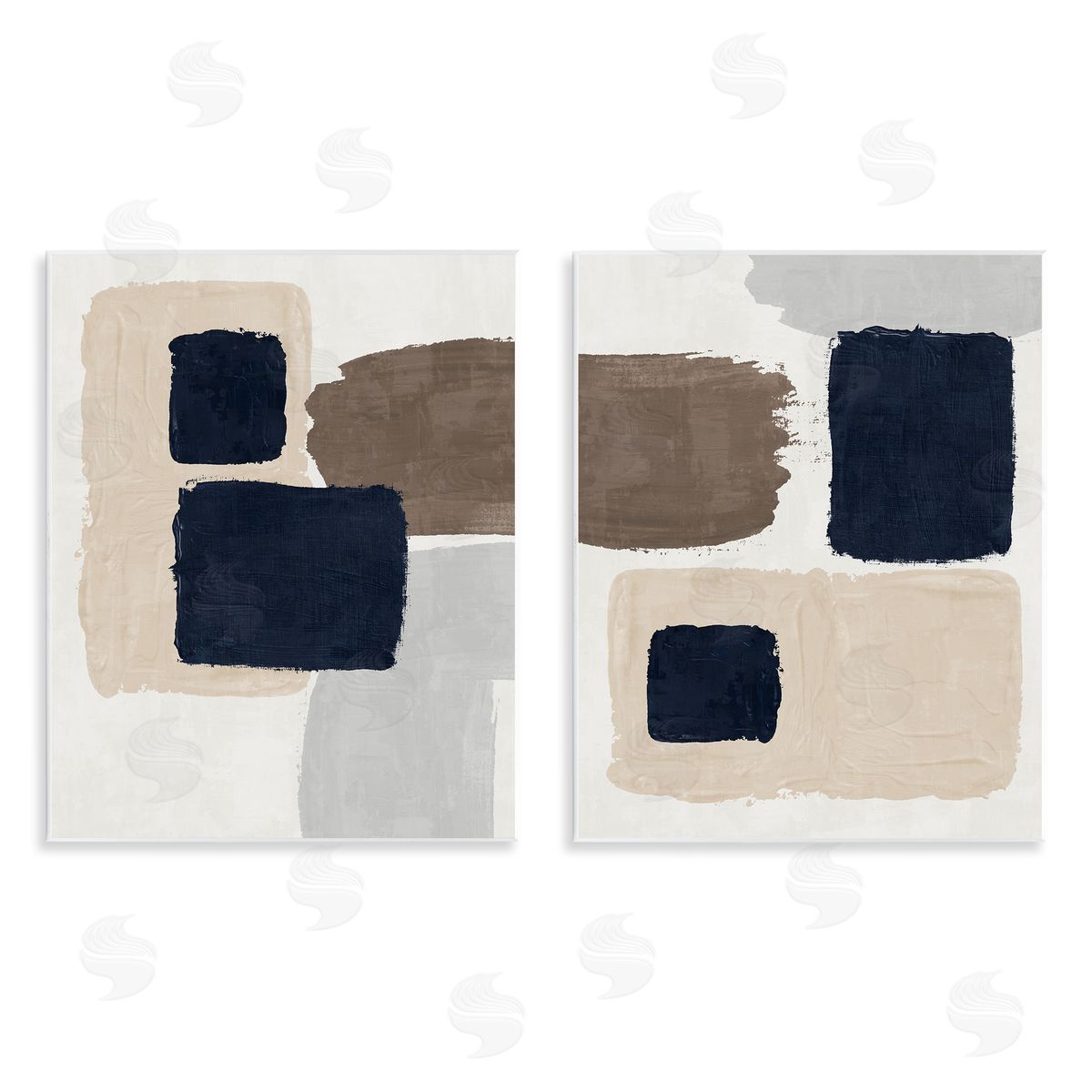 Nina Blue Navy Brown Blocked Wooden Wall Plaque Art Print