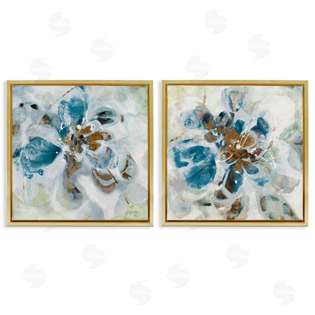 Liz Jardine Teal Abstract Flower Petals  Gold Floating Frame Canvas Wall Art Print
