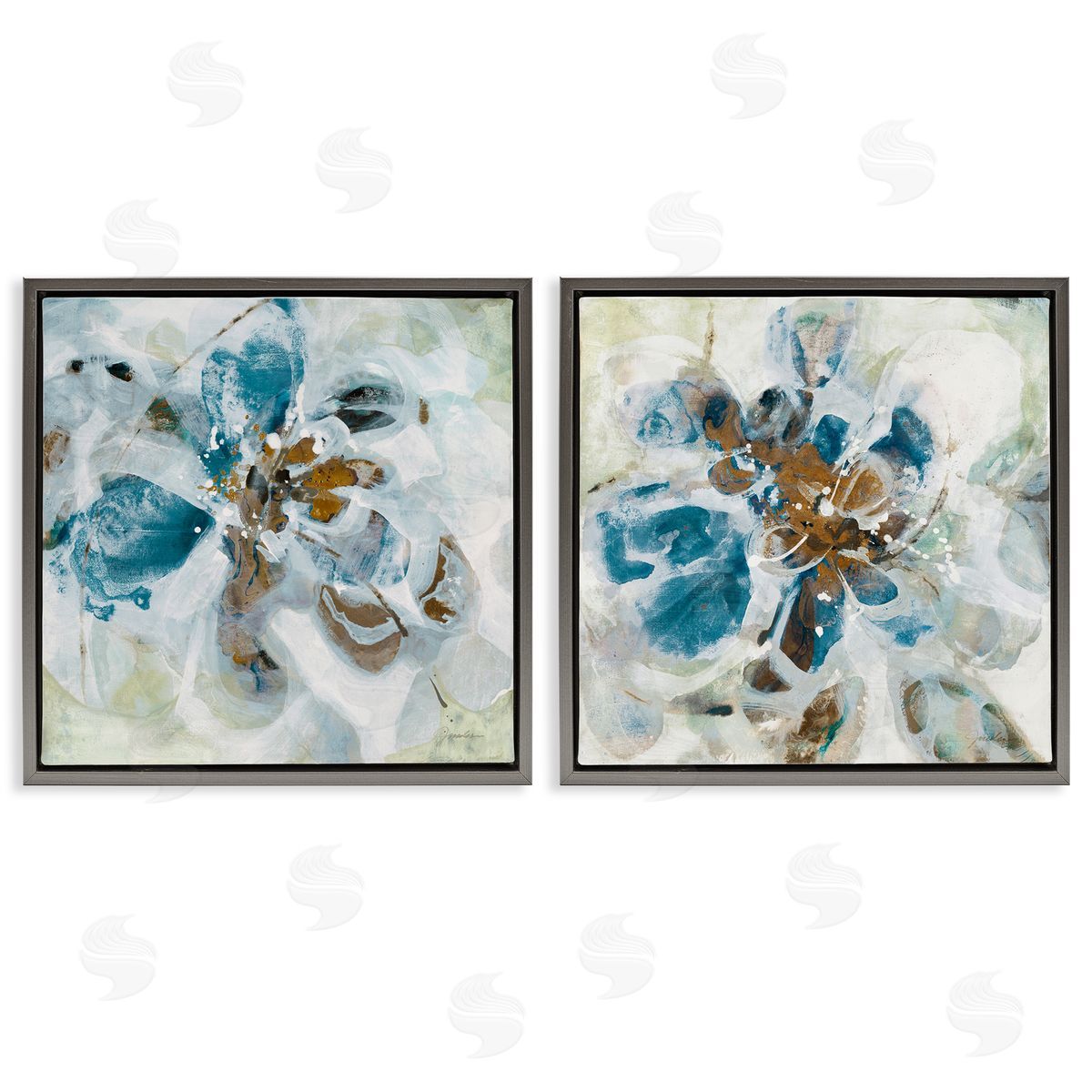 Liz Jardine Teal Abstract Flower Petals  Gray Floating Frame Canvas Wall Art Print
