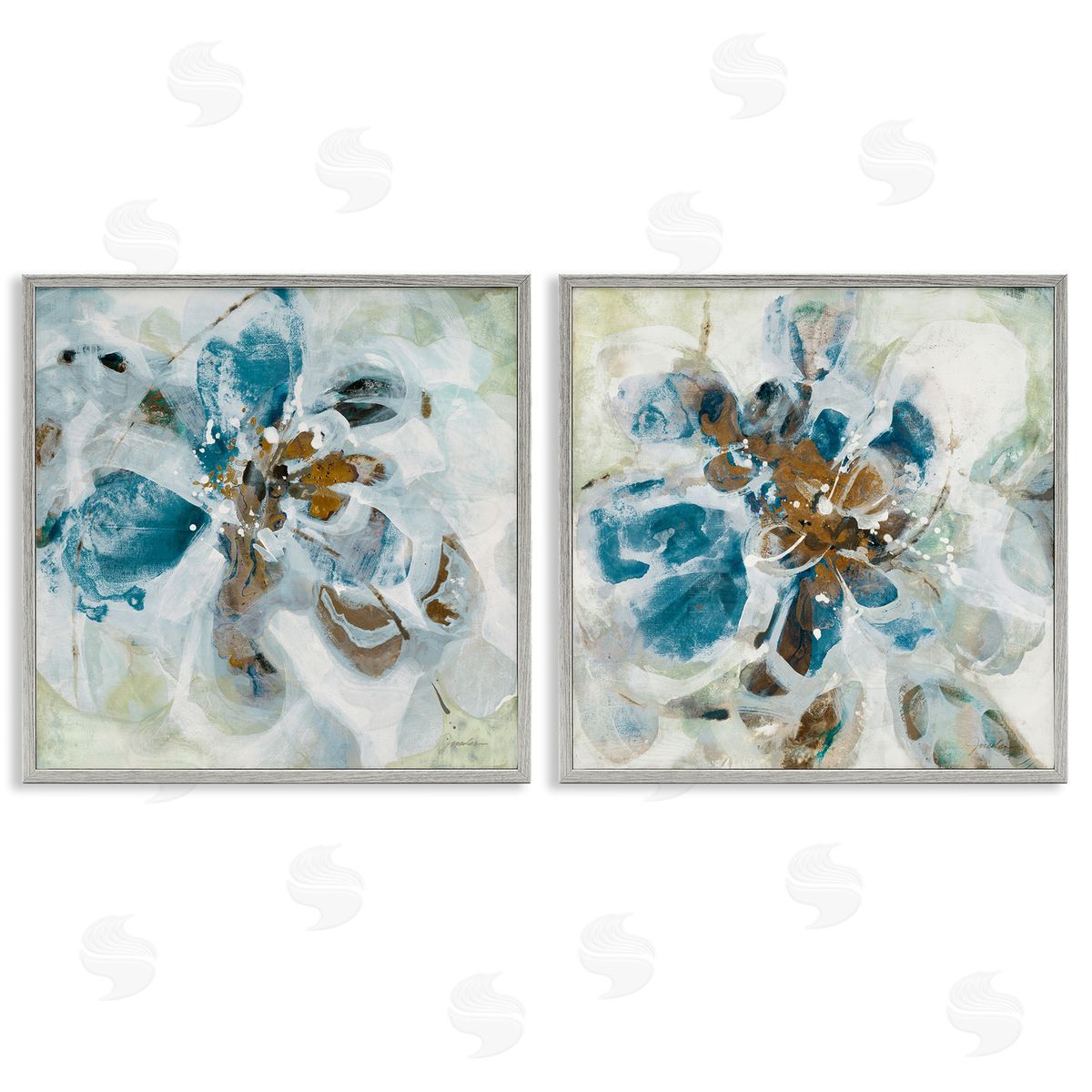 Liz Jardine Teal Abstract Flower Petals  Gray Framed Giclee Wall Art Print