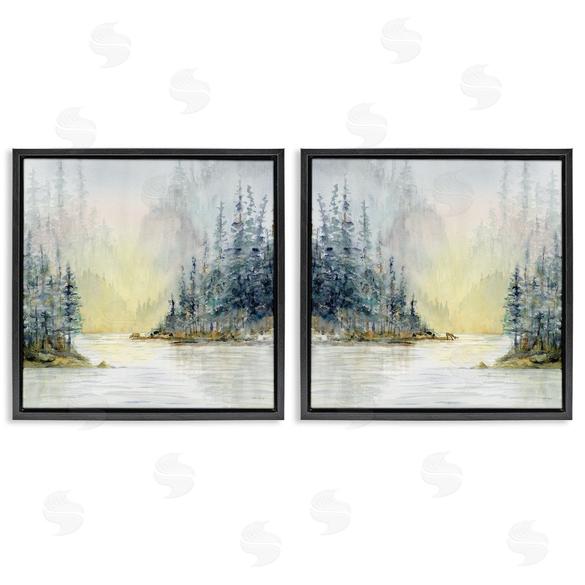 Paul Brent Distant Deer Bear Pine Trees Black Floating Frame Canvas Wall Art Print