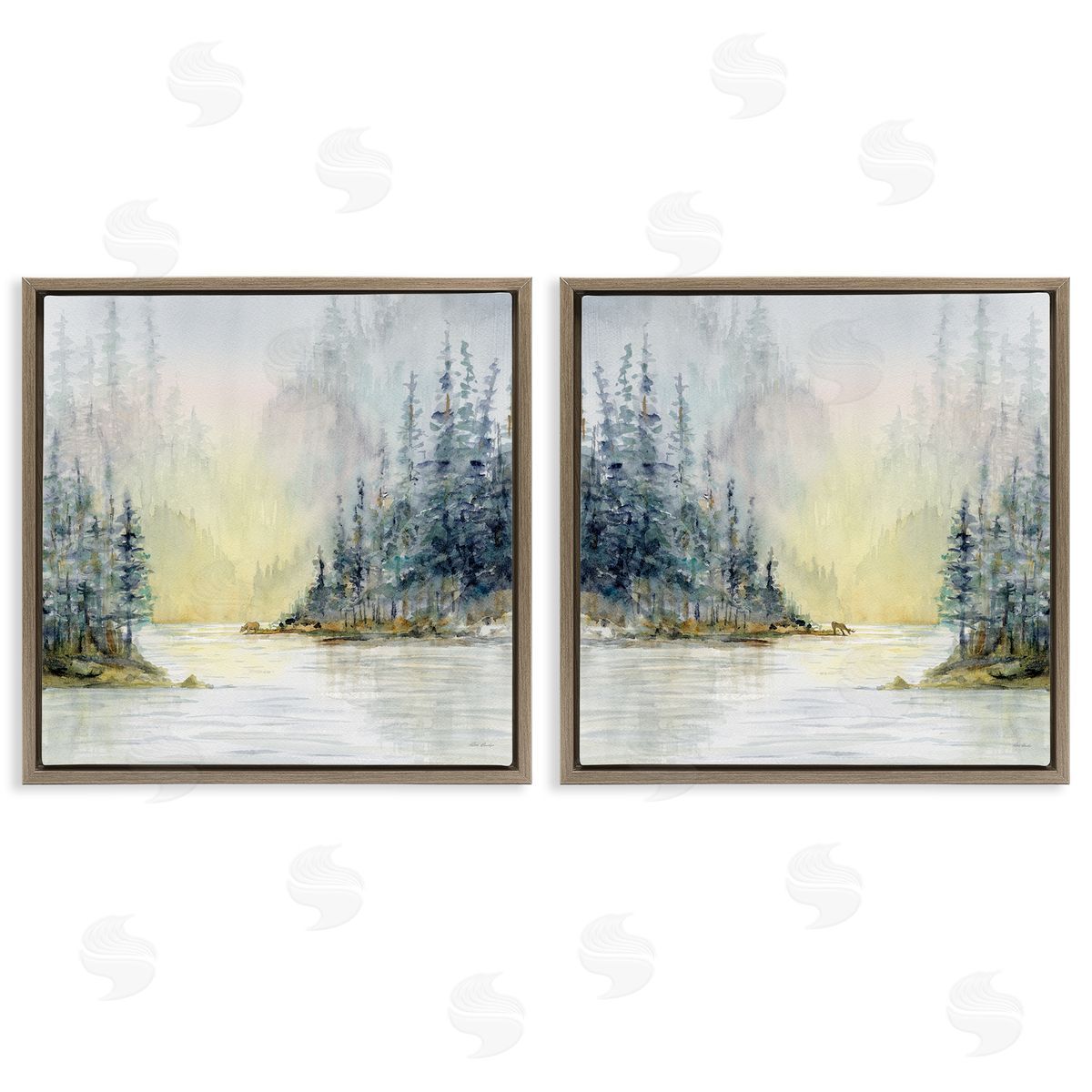 Paul Brent Distant Deer Bear Pine Trees Brown Floating Frame Canvas Wall Art Print