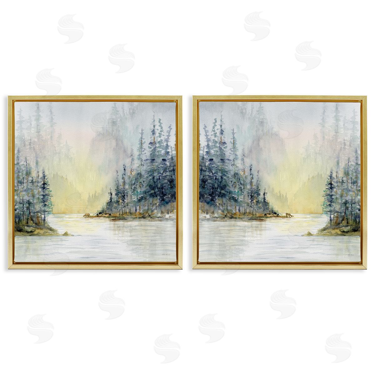 Paul Brent Distant Deer Bear Pine Trees Gold Floating Frame Canvas Wall Art Print