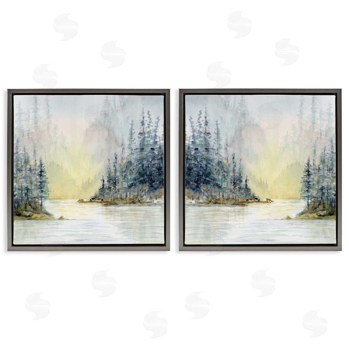 Paul Brent Distant Deer Bear Pine Trees Gray Floating Frame Canvas Wall Art Print