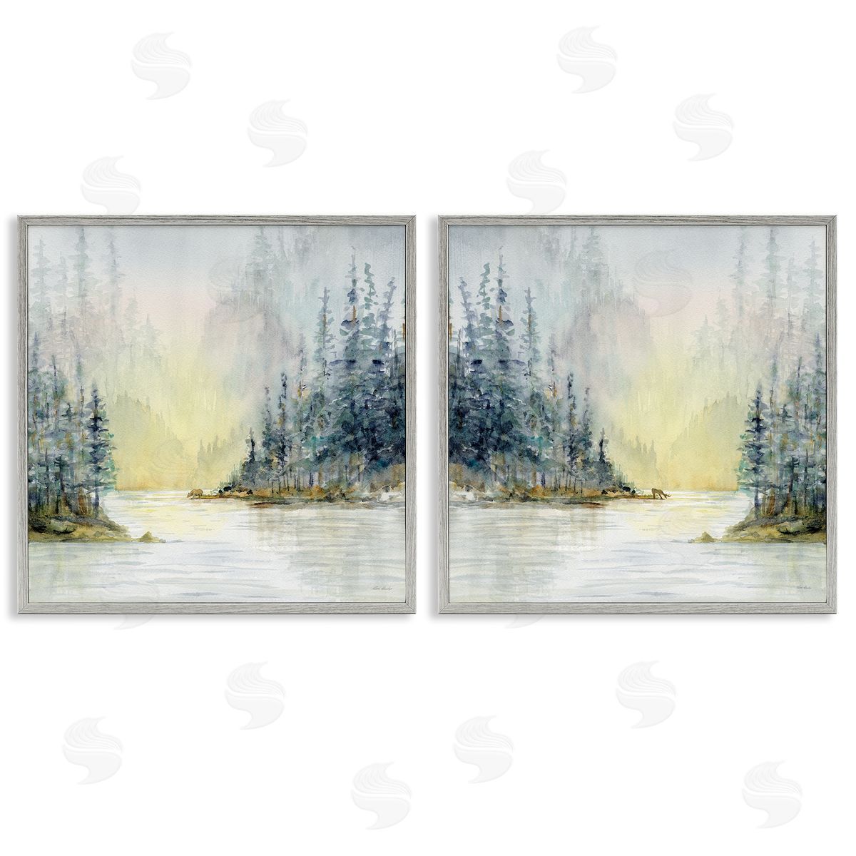 Paul Brent Distant Deer Bear Pine Trees Gray Framed Giclee Wall Art Print