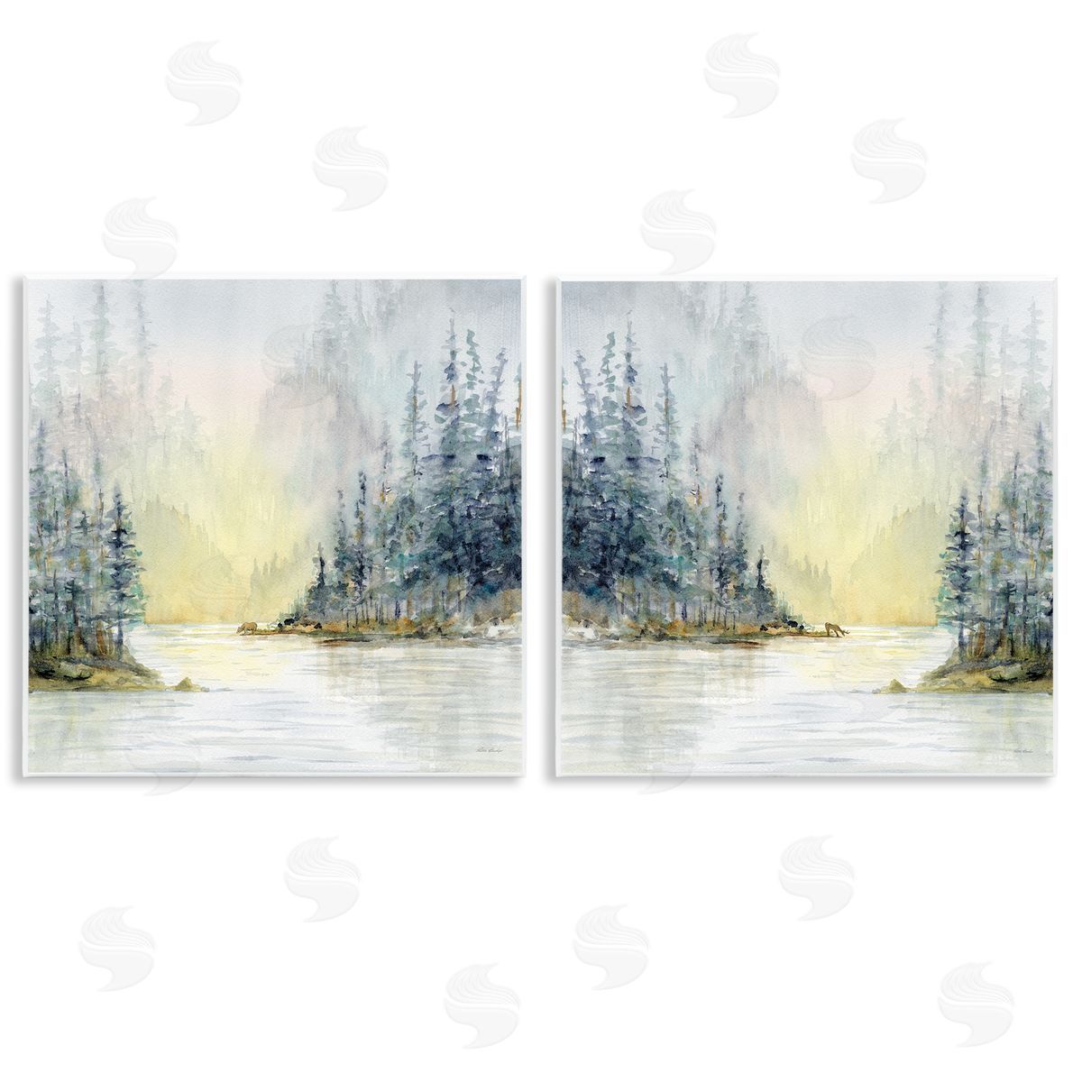 Paul Brent Distant Deer Bear Pine Trees Wooden Wall Plaque Art Print