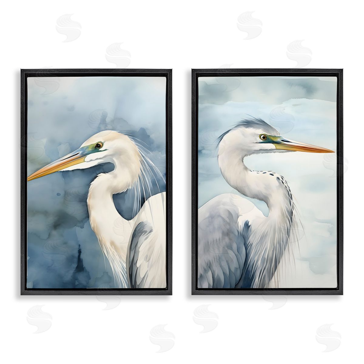 Petal Prints Design Watercolor Detailed Beach Birds  Black Floating Frame Canvas Wall Art Print