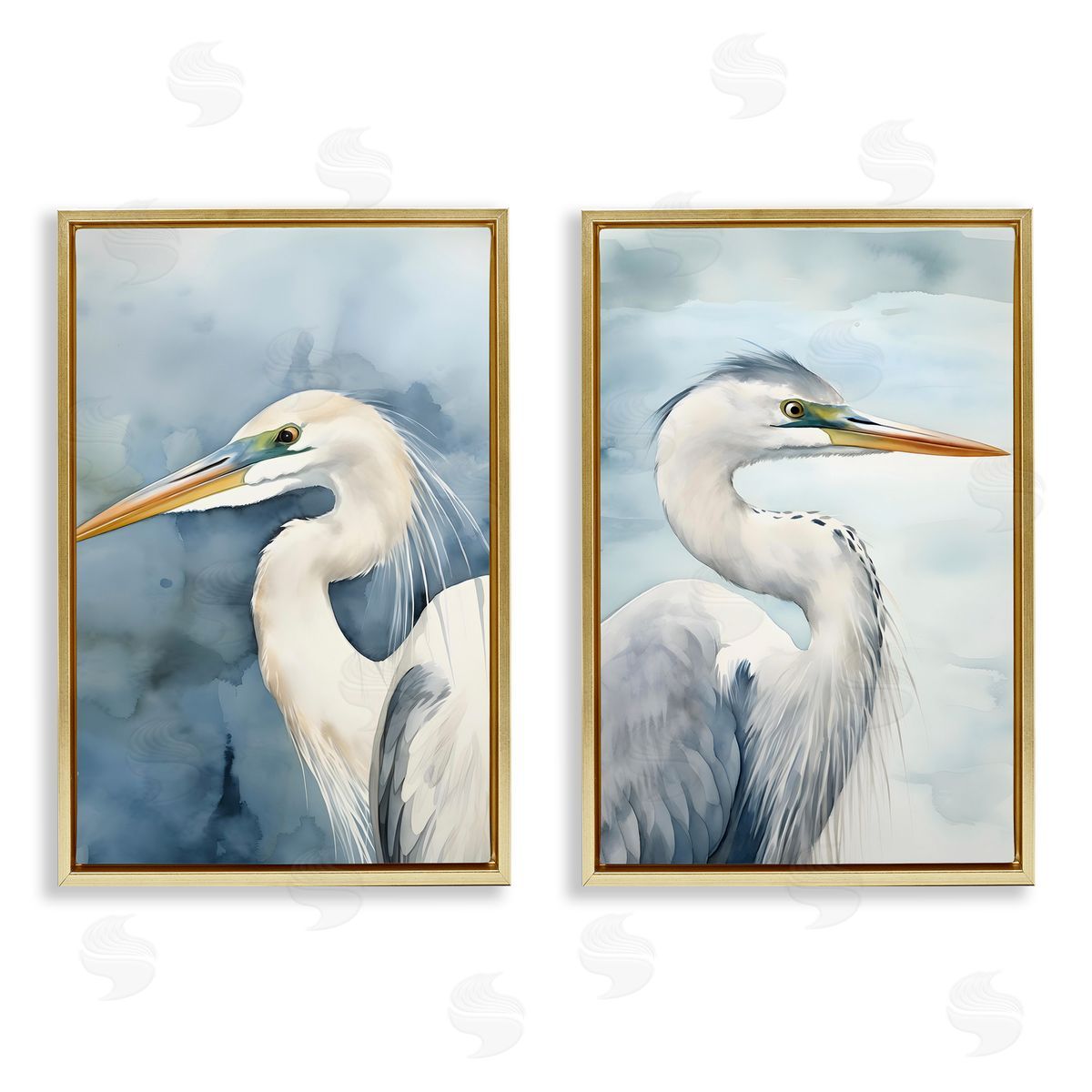 Petal Prints Design Watercolor Detailed Beach Birds  Gold Floating Frame Canvas Wall Art Print
