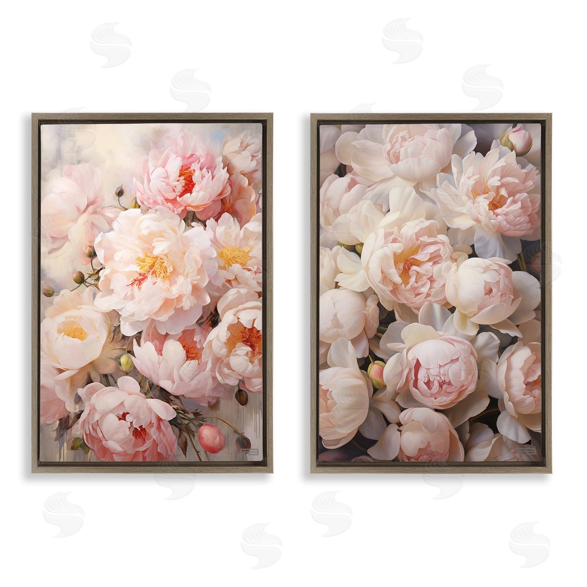 RB Soft Pink Cabbage Roses Brown Floating Frame Canvas Wall Art Print