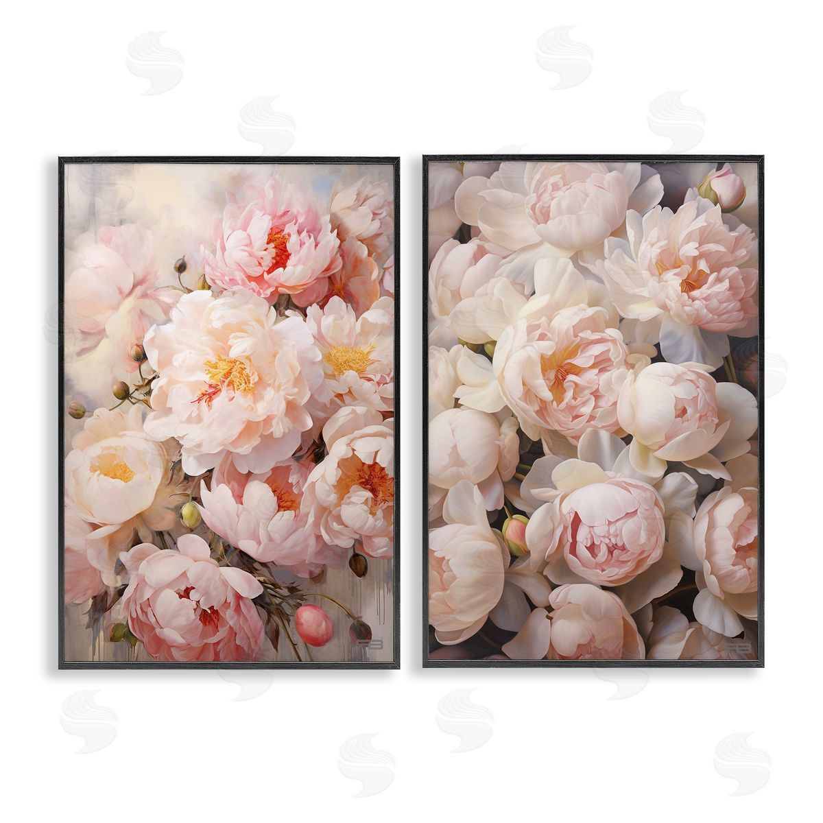 RB Soft Pink Cabbage Roses Black Framed Giclee Wall Art Print