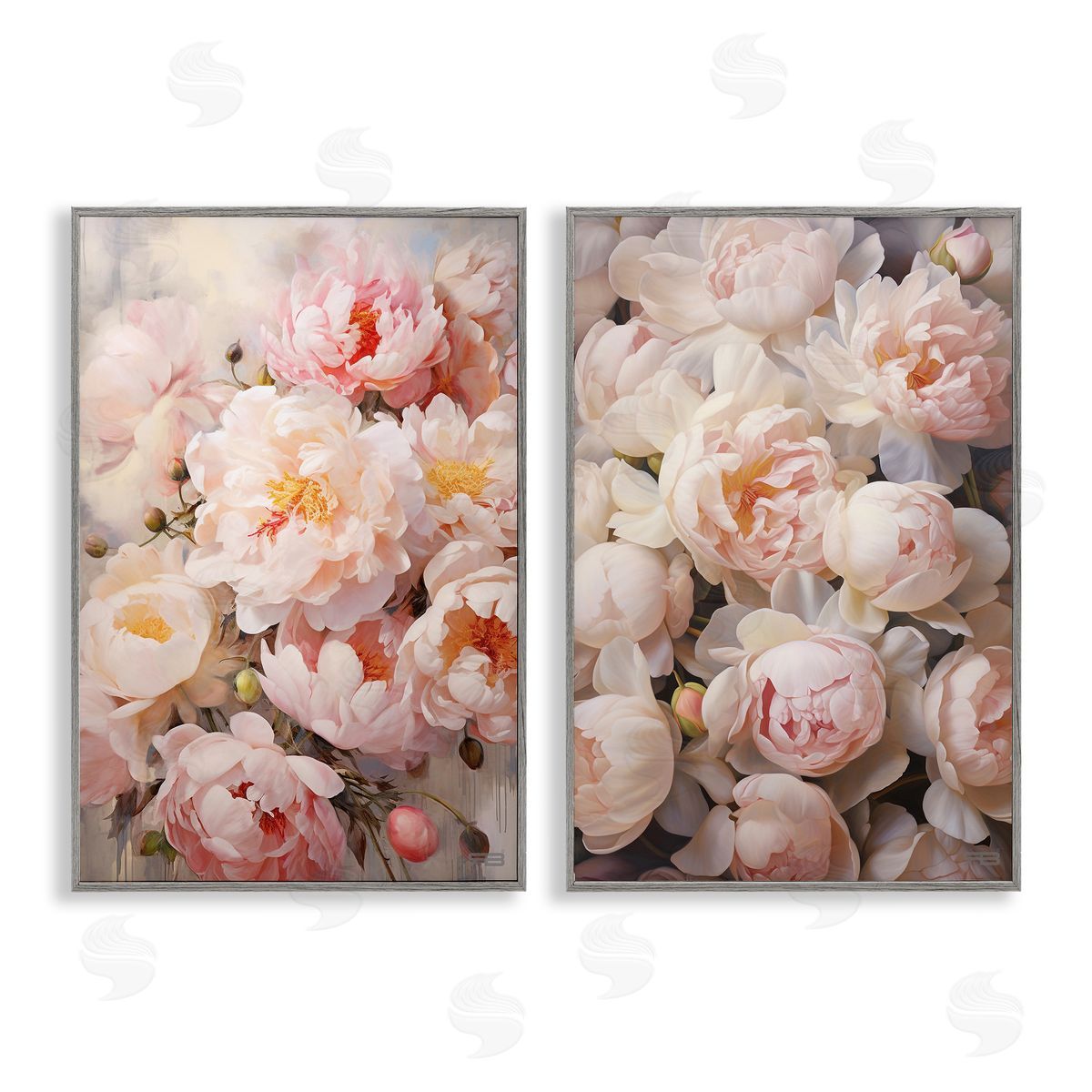 RB Soft Pink Cabbage Roses Gray Framed Giclee Wall Art Print