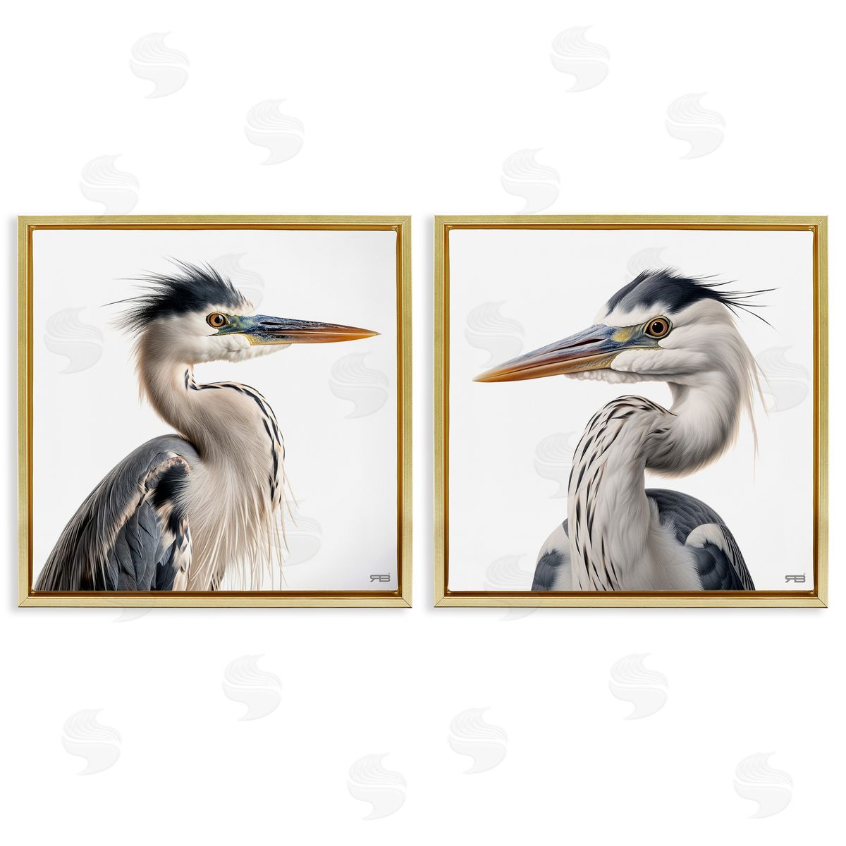 RB Young Heron Birds Gold Floating Frame Canvas Wall Art Print