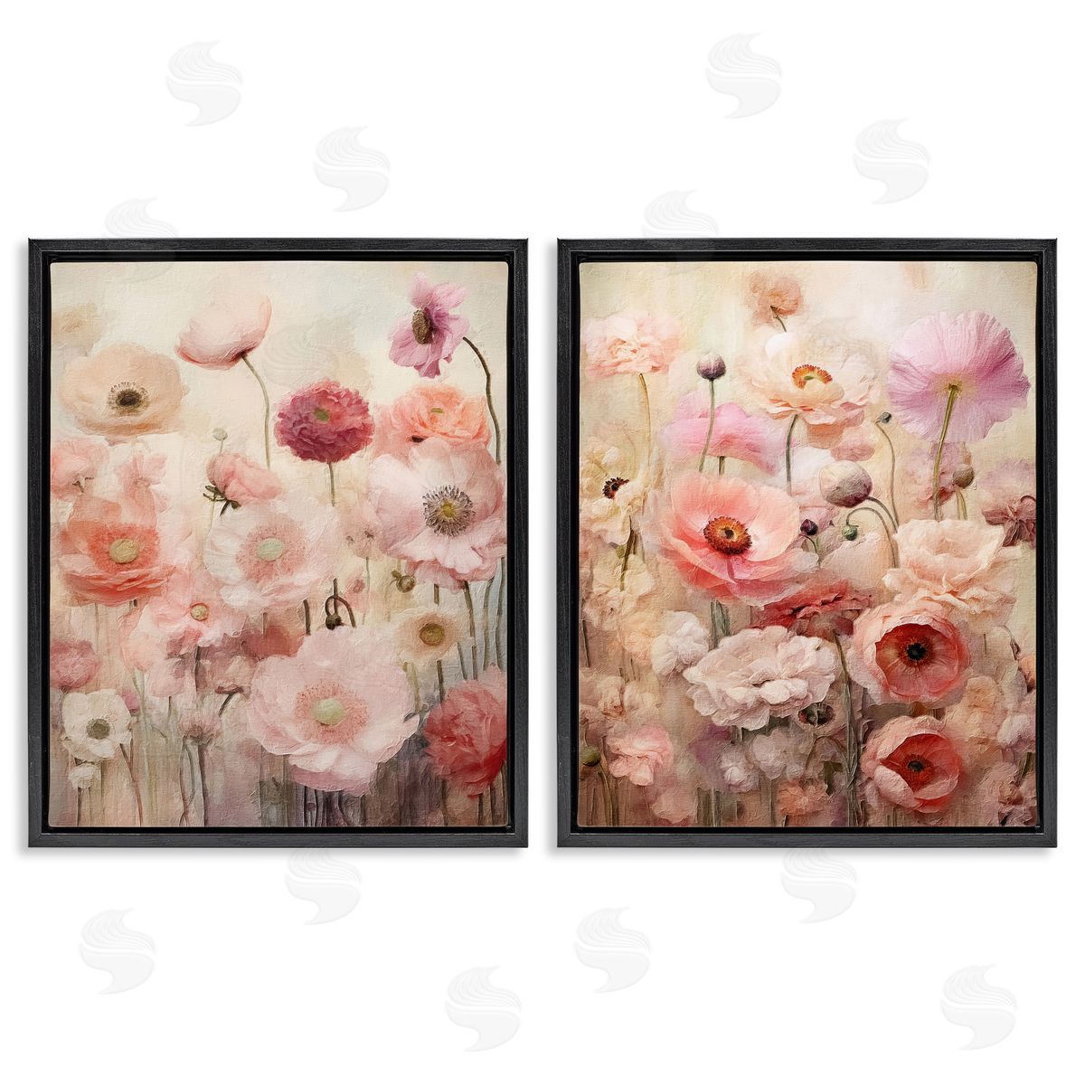 Riley B Pink Blush Floral Field  Black Floating Frame Canvas Wall Art Print