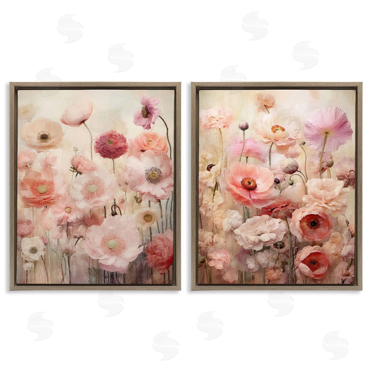 Riley B Pink Blush Floral Field  Brown Floating Frame Canvas Wall Art Print