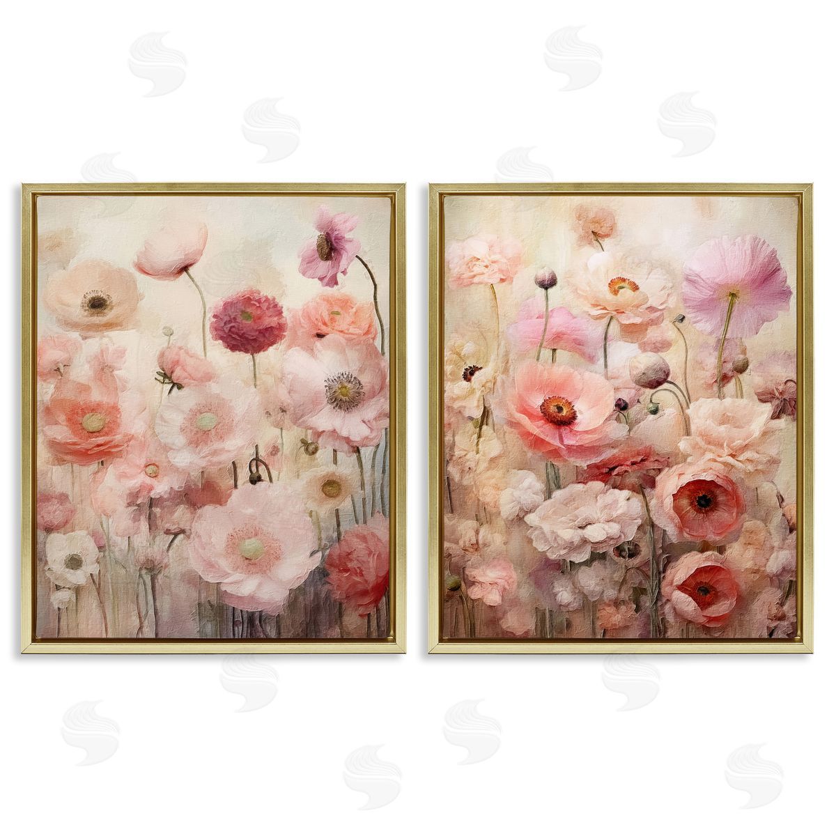 Riley B Pink Blush Floral Field  Gold Floating Frame Canvas Wall Art Print