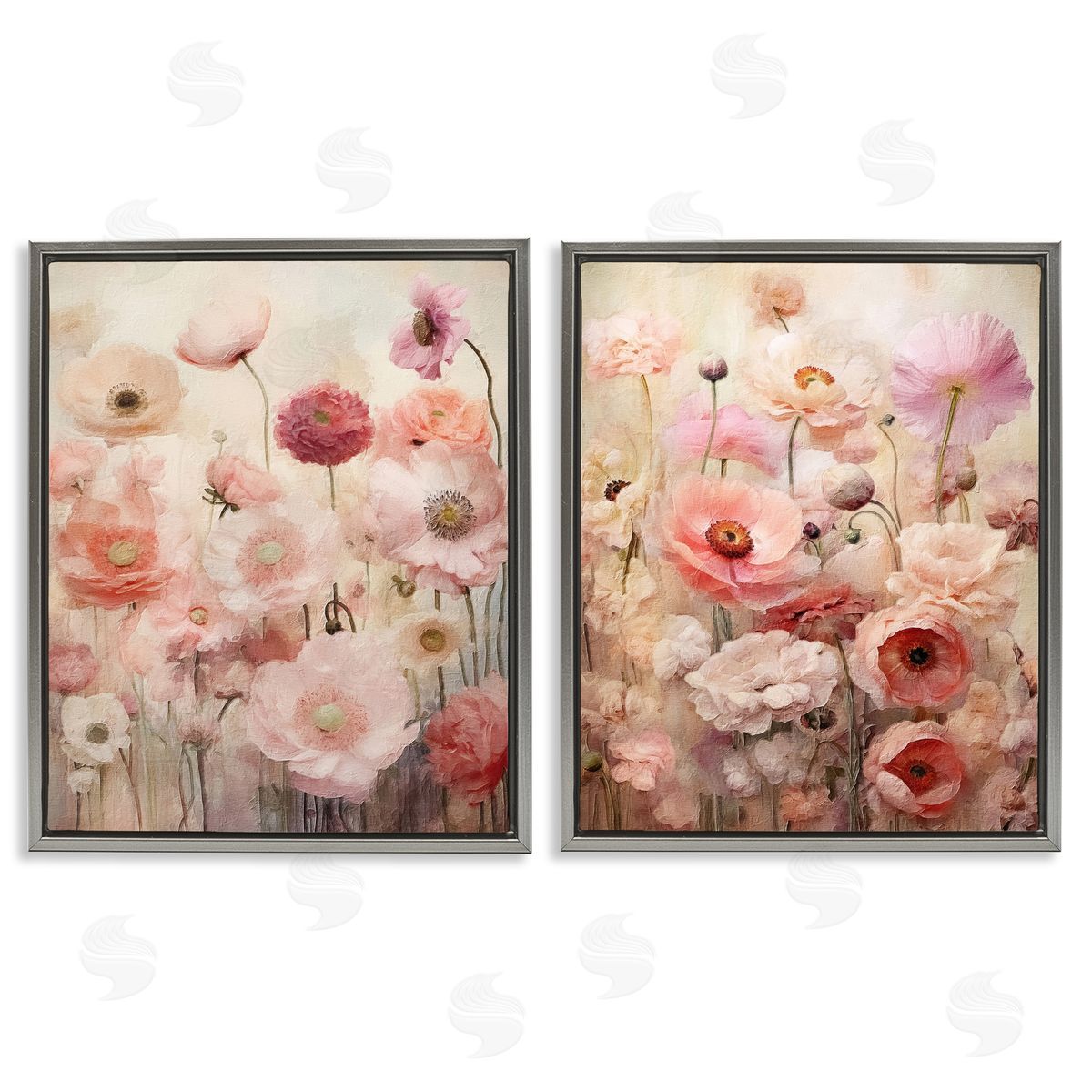 Riley B Pink Blush Floral Field  Gray Floating Frame Canvas Wall Art Print