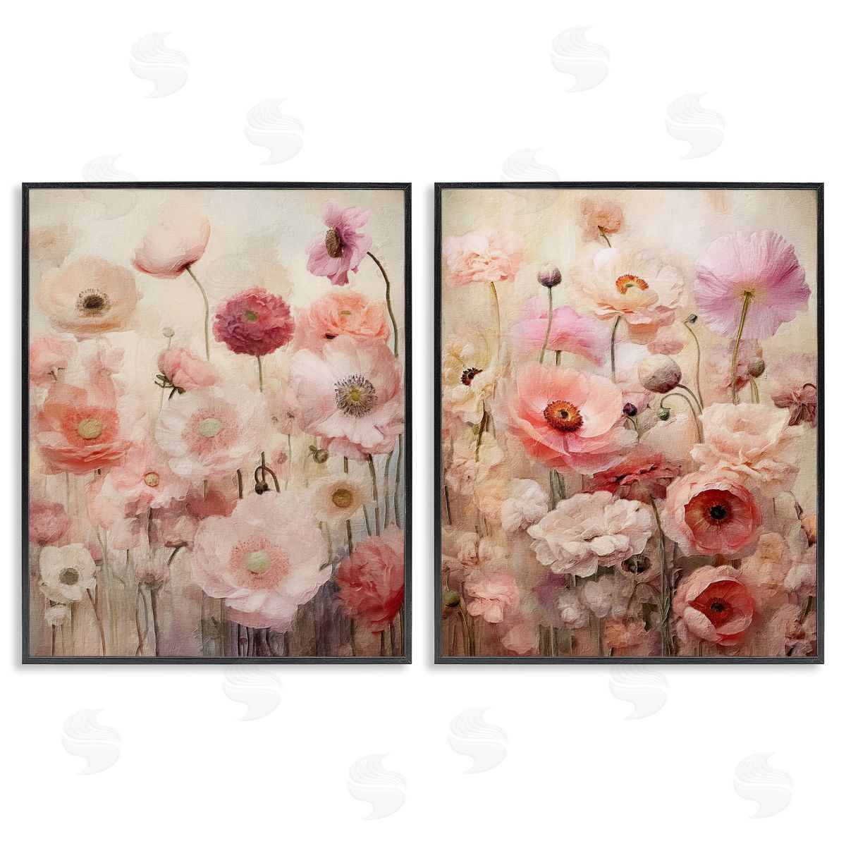Riley B Pink Blush Floral Field  Black Framed Giclee Wall Art Print