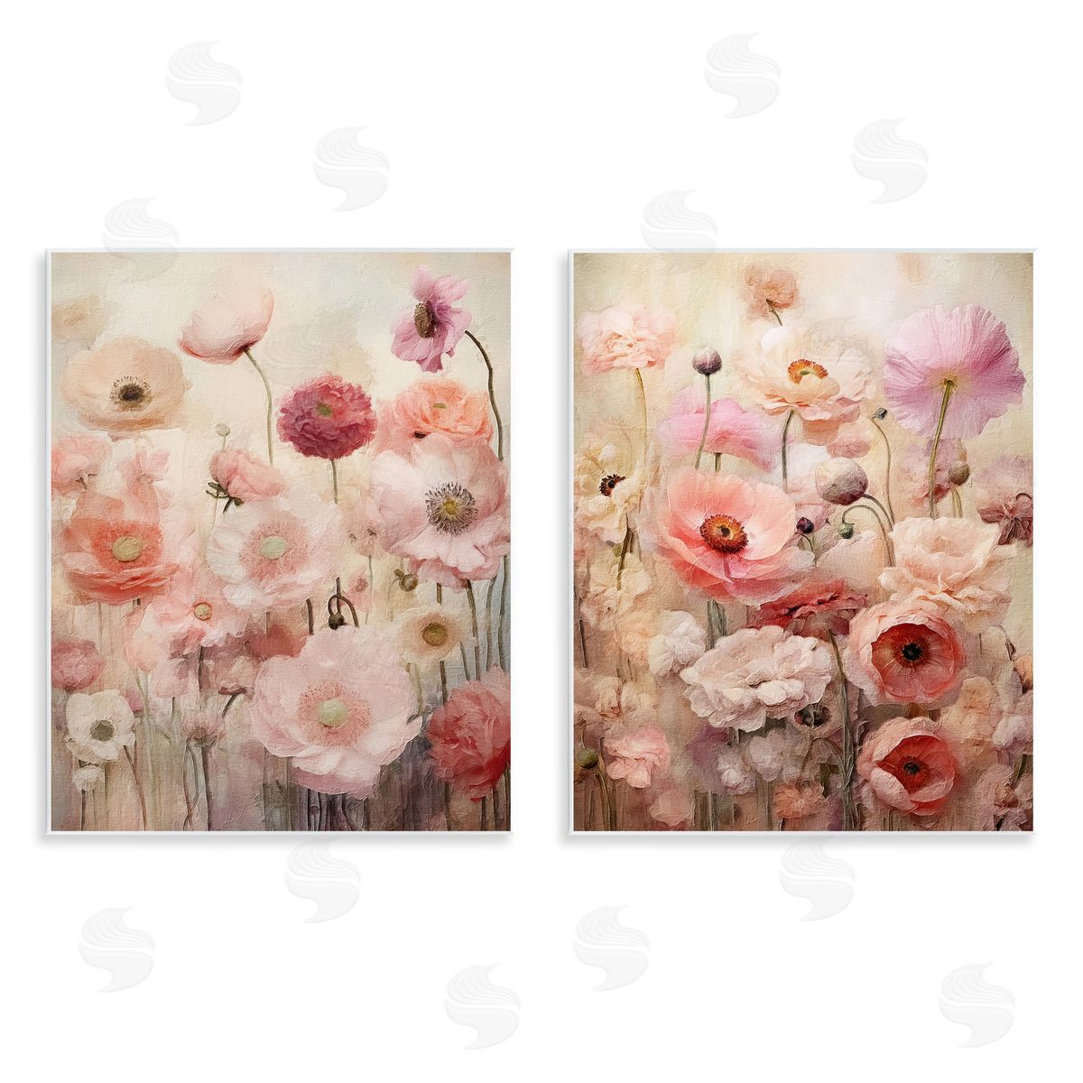 Riley B Pink Blush Floral Field  Wooden Wall Plaque Art Print
