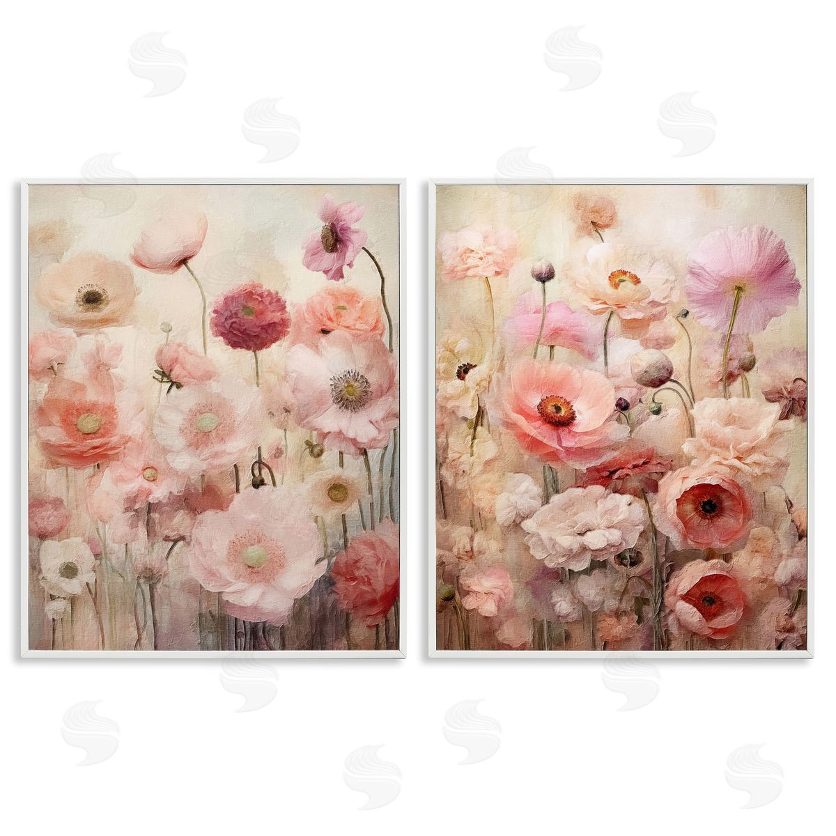 Riley B Pink Blush Floral Field  White Framed Giclee Wall Art Print