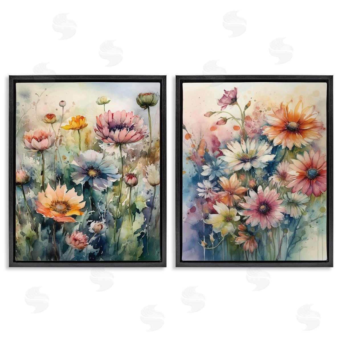 Ryley Gray Watercolor Daisy Field Flowers Black Floating Frame Canvas Wall Art Print