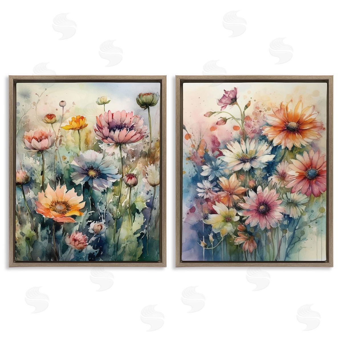 Ryley Gray Watercolor Daisy Field Flowers Brown Floating Frame Canvas Wall Art Print