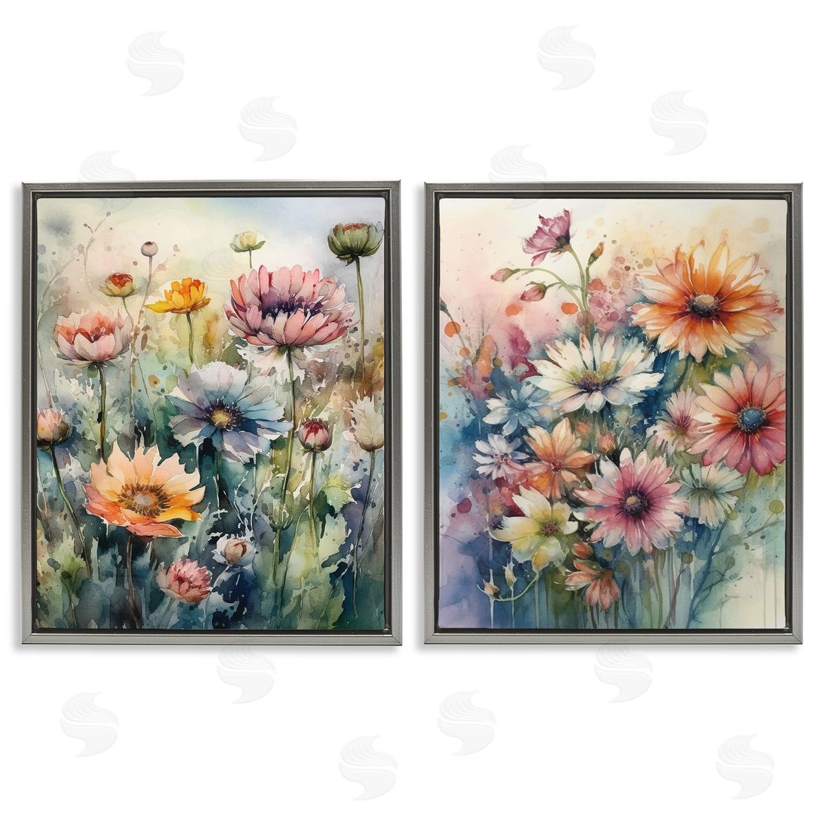 Ryley Gray Watercolor Daisy Field Flowers Gray Floating Frame Canvas Wall Art Print