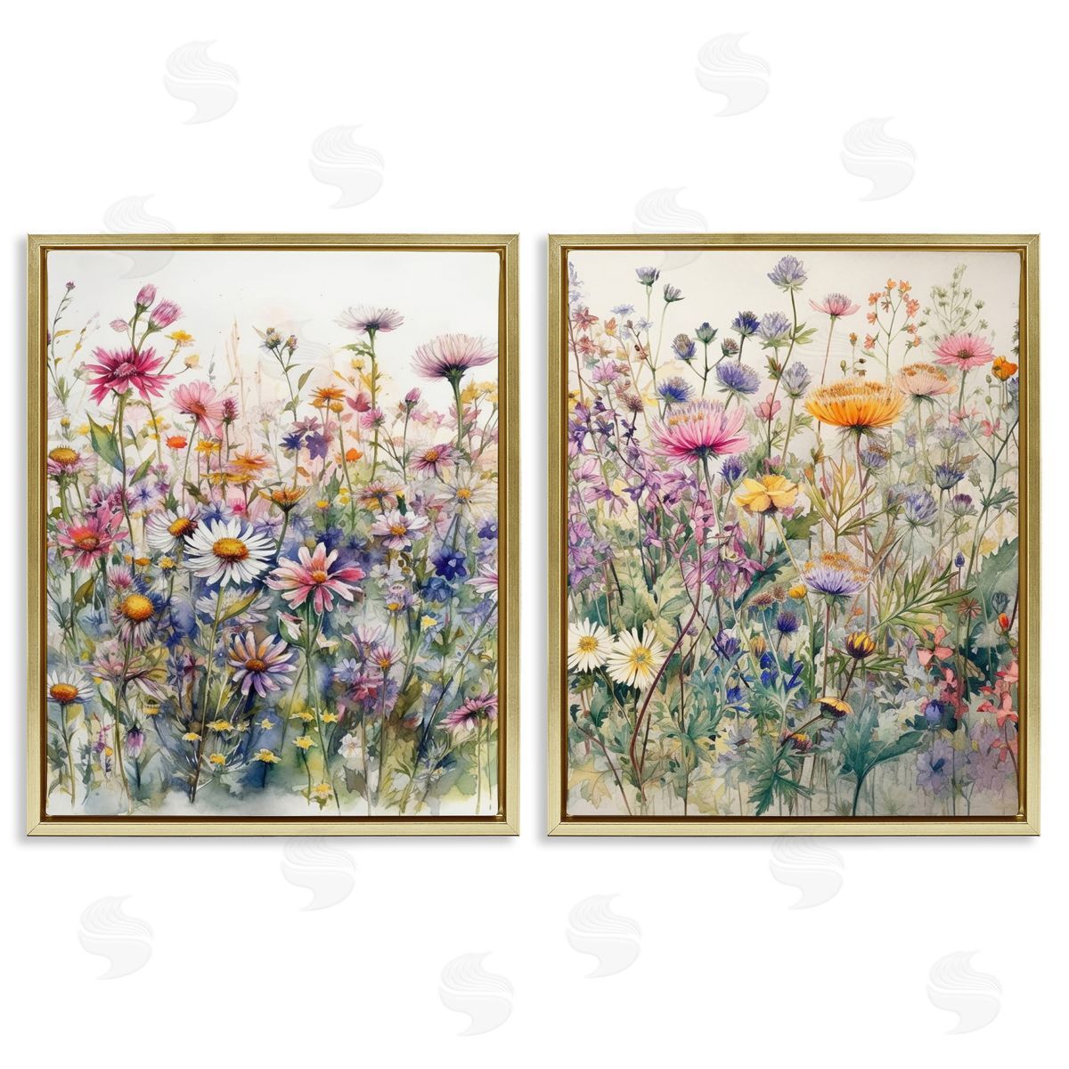 Ryley Gray Watercolor Daisy & Aster Field Gold Floating Frame Canvas Wall Art Print